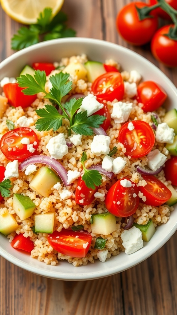 A colorful Mediterranean quinoa salad with tomatoes, cucumbers, red onion, and feta cheese in a bowl on a wooden table.